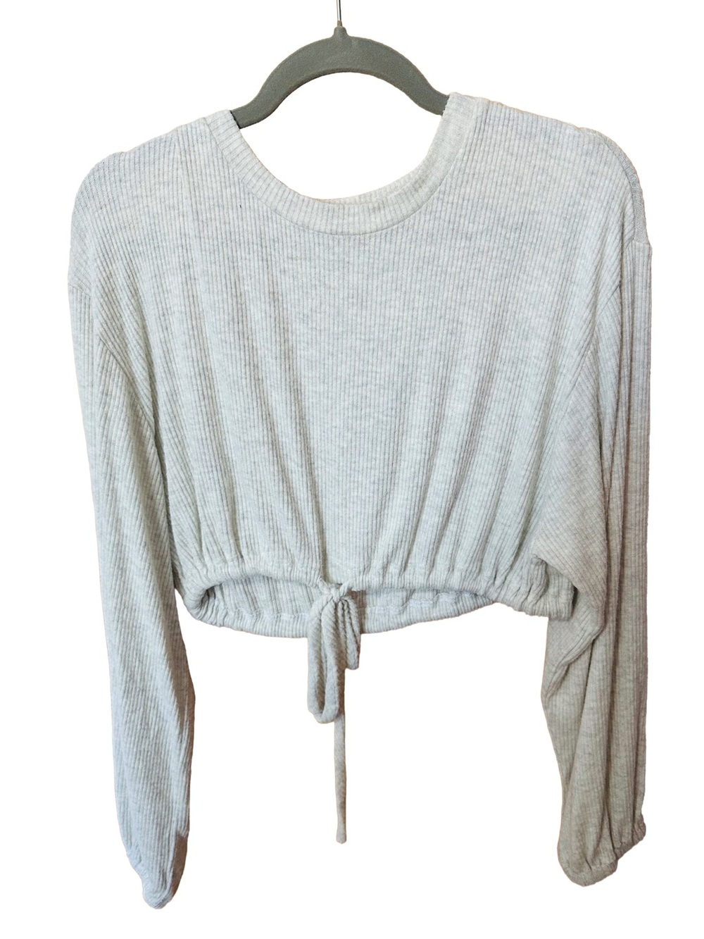 audrey Ribbed Long-Sleeve Cropped Tie-Front Top in Light Beige